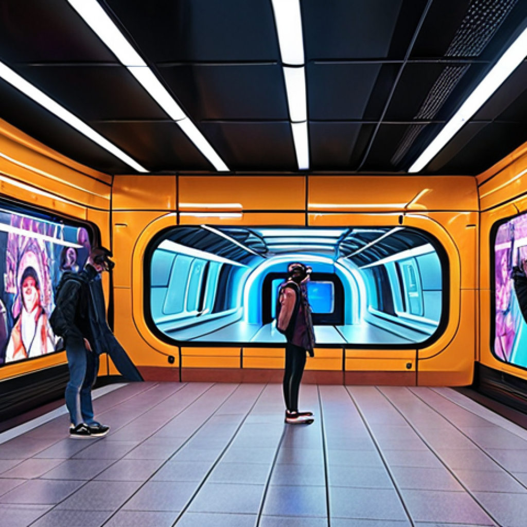 **Futuristic subway station with interactive art installations, holographic displays, and passengers engaging with AR/VR technology, creating a vibrant and personalized art experience.**