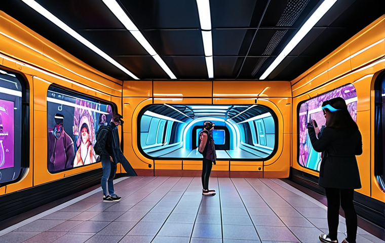 **Futuristic subway station with interactive art installations, holographic displays, and passengers engaging with AR/VR technology, creating a vibrant and personalized art experience.**