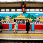 **

A vibrant and colorful subway station platform in Shanghai, China. The platform is decorated with a large mural depicting scenes from old Shanghai, including traditional architecture, fashion, and street life. Passengers are waiting for the train, some looking at the mural with interest. The overall atmosphere is a blend of historical charm and modern urban life. Incorporate elements of *haipai* culture.

**