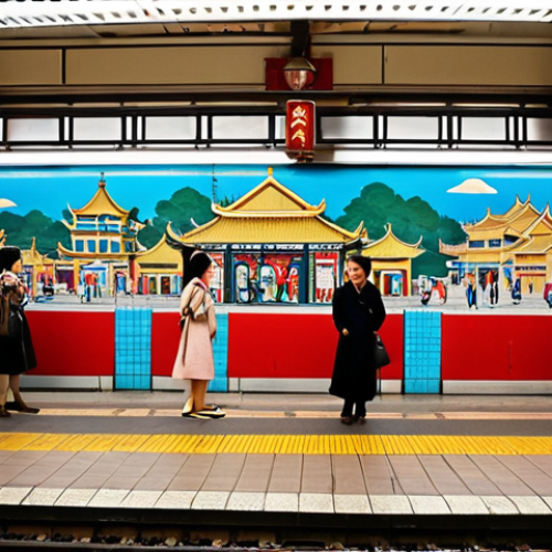 **

A vibrant and colorful subway station platform in Shanghai, China. The platform is decorated with a large mural depicting scenes from old Shanghai, including traditional architecture, fashion, and street life. Passengers are waiting for the train, some looking at the mural with interest. The overall atmosphere is a blend of historical charm and modern urban life. Incorporate elements of *haipai* culture.

**
