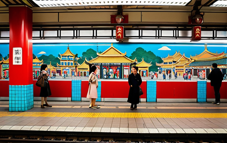 **

A vibrant and colorful subway station platform in Shanghai, China. The platform is decorated with a large mural depicting scenes from old Shanghai, including traditional architecture, fashion, and street life. Passengers are waiting for the train, some looking at the mural with interest. The overall atmosphere is a blend of historical charm and modern urban life. Incorporate elements of *haipai* culture.

**