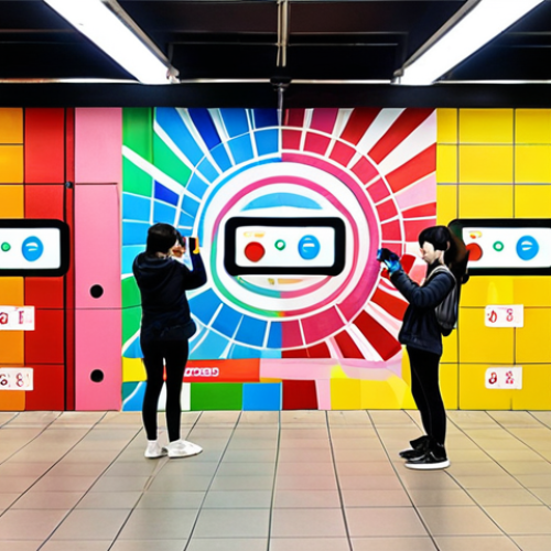 **

A vibrant and modern subway station scene. Z Generation individuals are taking photos of a brightly colored wall mural with their smartphones, sharing the images on social media apps like WeChat and Weibo. The mural is abstract and eye-catching, appealing to a young, tech-savvy audience.

**