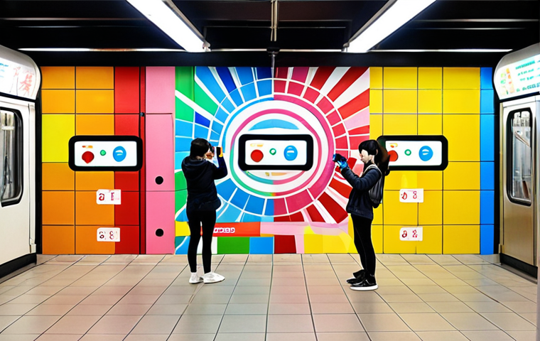 **

A vibrant and modern subway station scene. Z Generation individuals are taking photos of a brightly colored wall mural with their smartphones, sharing the images on social media apps like WeChat and Weibo. The mural is abstract and eye-catching, appealing to a young, tech-savvy audience.

**