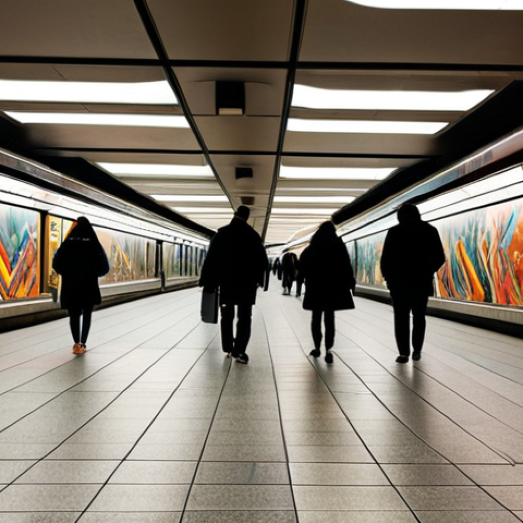 **

"A modern subway station featuring colorful abstract murals and artistic installations, fully clothed pedestrians walking through, bright lighting, safe for work, appropriate content, professional photography, perfect anatomy, natural proportions, modest, family-friendly."

**