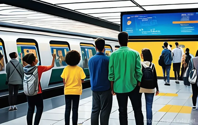 지하철 아트와 기술 혁신 - **Prompt 1: The Interactive Digital Gallery**
    "A vibrant, modern subway station concourse at a b...