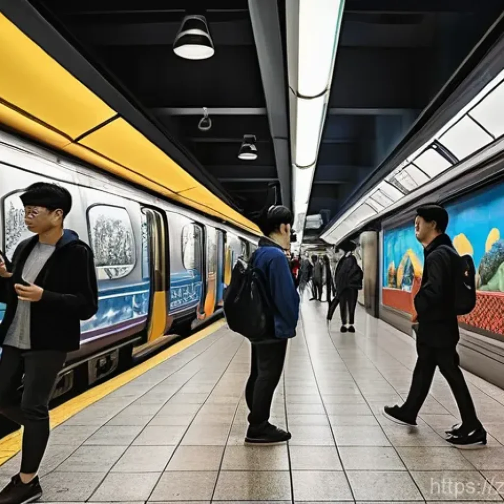 지하철 아트의 혁신적인 접근법 - **Vibrant Cultural Subway Gallery:** A brightly lit, modern subway station interior reimagined as a ...