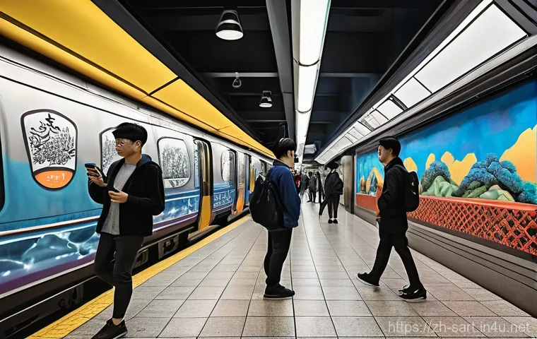 지하철 아트의 혁신적인 접근법 - **Vibrant Cultural Subway Gallery:** A brightly lit, modern subway station interior reimagined as a ...