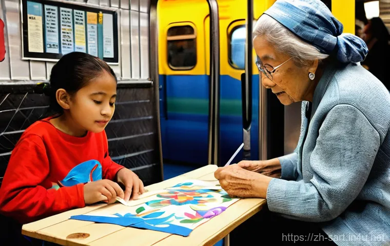 지하철 아트와 노인 참여 프로그램 - **Prompt 1: Community Mural in a Modern Subway Station**
    "A vibrant, wide-angle shot of a divers...