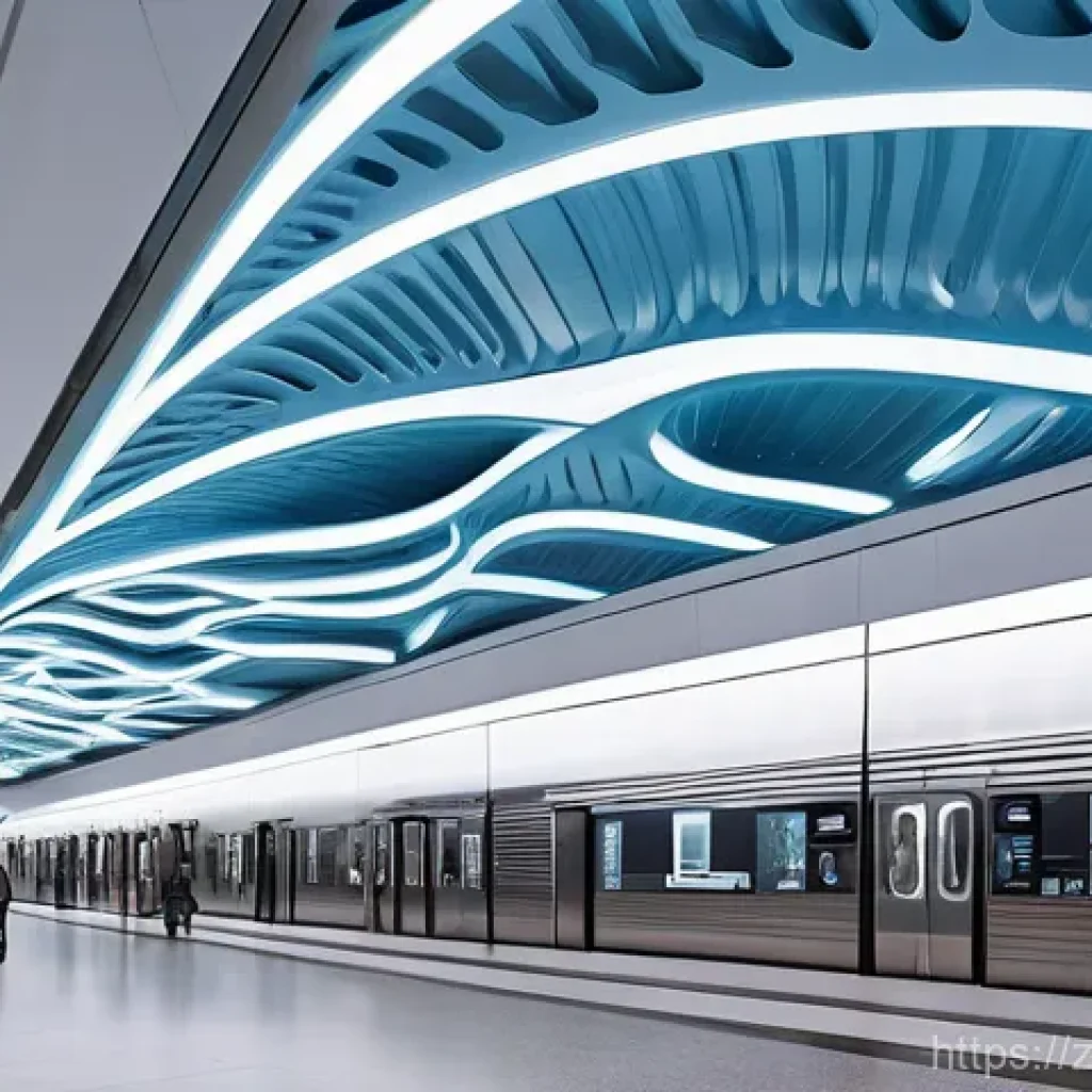 지하철 아트와 3D 프린팅 - **Architectural Integration & Biomimicry:** A stunning, futuristic subway station interior with a la...