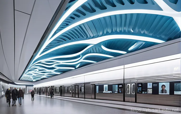 지하철 아트와 3D 프린팅 - **Architectural Integration & Biomimicry:** A stunning, futuristic subway station interior with a la...