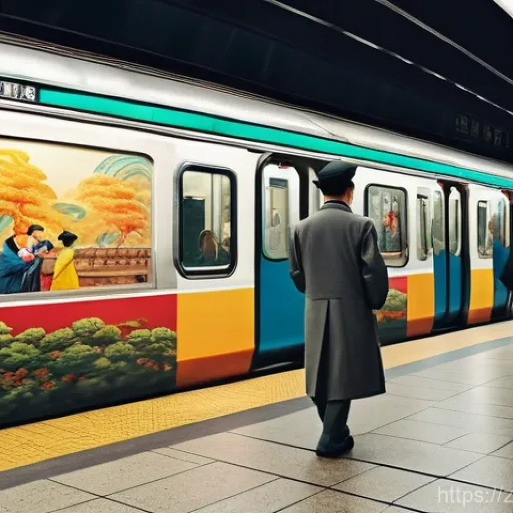 지하철 아트의 문화적 가치 - A bustling yet serene subway station platform, transformed into an vibrant underground art gallery. ...