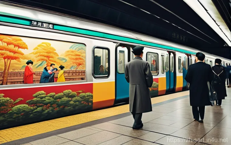 지하철 아트의 문화적 가치 - A bustling yet serene subway station platform, transformed into an vibrant underground art gallery. ...