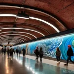 지하철 아트와 공공 공간 개선 - **Stockholm's Underground Art Gallery:**
    A vibrant, wide-angle shot of a fantastical subway stat...