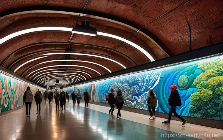 지하철 아트와 공공 공간 개선 - **Stockholm's Underground Art Gallery:**
    A vibrant, wide-angle shot of a fantastical subway stat...