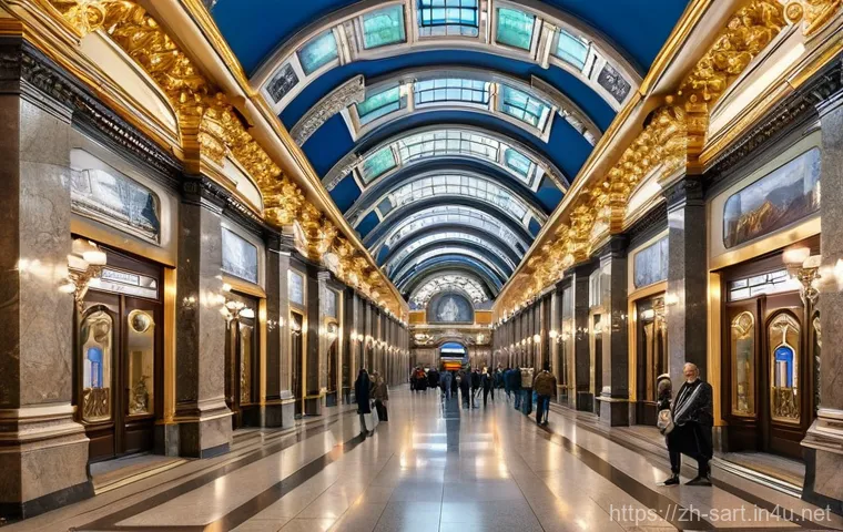 지하철 아트와 공공 공간 개선 - **Stockholm's Underground Art Gallery:**
    A vibrant, wide-angle shot of a fantastical subway stat...