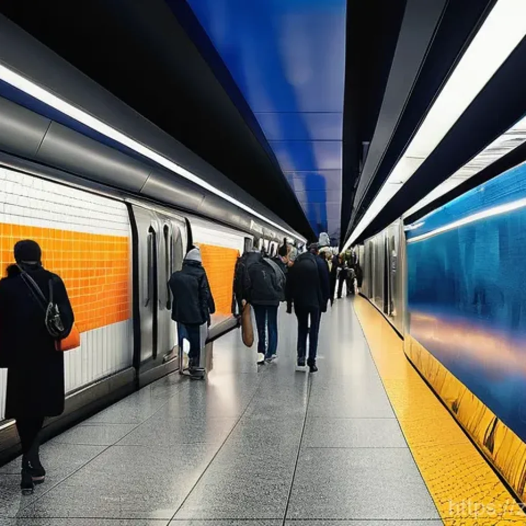 지하철 아트와 컬러 테라피 - **Prompt:** A dynamic and uplifting urban subway station interior at peak commute time. The station ...