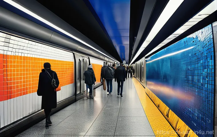 지하철 아트와 컬러 테라피 - **Prompt:** A dynamic and uplifting urban subway station interior at peak commute time. The station ...