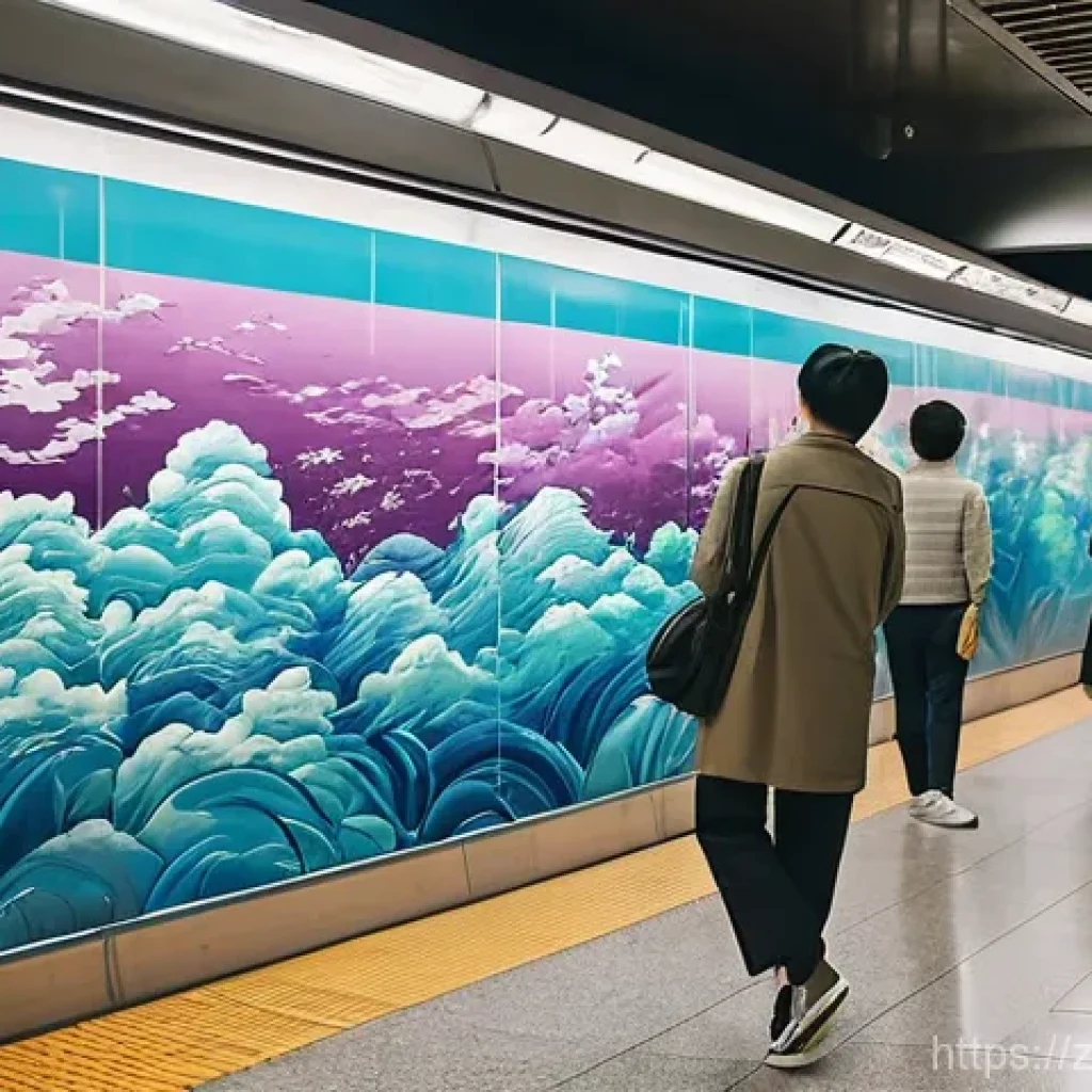 서울 지하철 예술 지도 - **Prompt:** A wide, cinematic shot inside a modern Seoul subway station. The main focus is a massive...