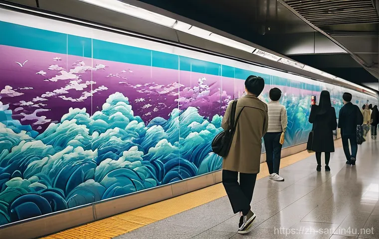서울 지하철 예술 지도 - **Prompt:** A wide, cinematic shot inside a modern Seoul subway station. The main focus is a massive...