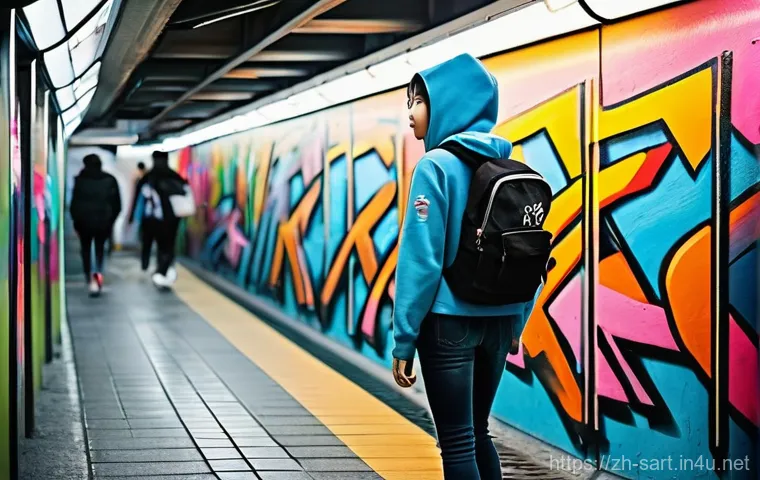 서울 지하철 예술 지도 - **Prompt:** A medium shot of a young adult (mid-20s, fashionably dressed in a modest long-sleeved sh...