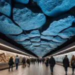 지하철 아트의 역사 - A wide-angle shot inside the Stockholm T-Centralen subway station. The station walls are composed of...