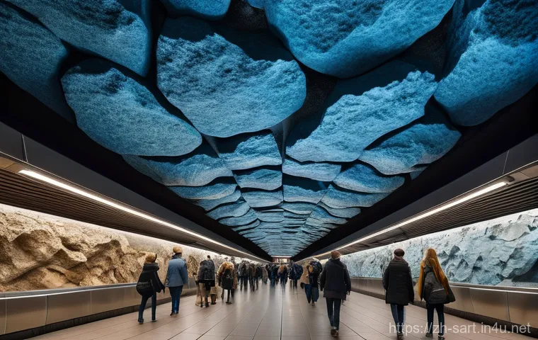 지하철 아트의 역사 - A wide-angle shot inside the Stockholm T-Centralen subway station. The station walls are composed of...