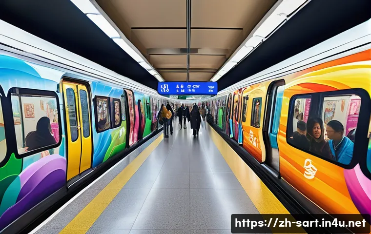 지하철 아트와 사회적 참여 - A vibrant subway station interior featuring large-scale colorful murals inspired by local Chinese cu...