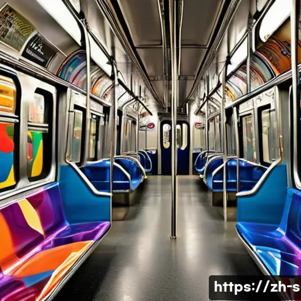 지하철 아트 커뮤니티 - A vibrant subway carriage interior featuring a large, colorful mural that blends modern abstract art...