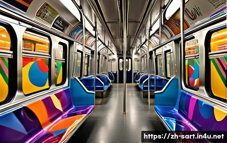 지하철 아트 커뮤니티 - A vibrant subway carriage interior featuring a large, colorful mural that blends modern abstract art...