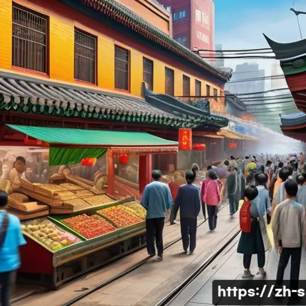 지하철 아트와 사람들의 반응 - A vibrant subway station mural depicting a bustling old Chinese street scene with traditional archit...