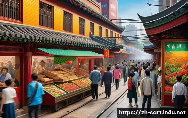 지하철 아트와 사람들의 반응 - A vibrant subway station mural depicting a bustling old Chinese street scene with traditional archit...