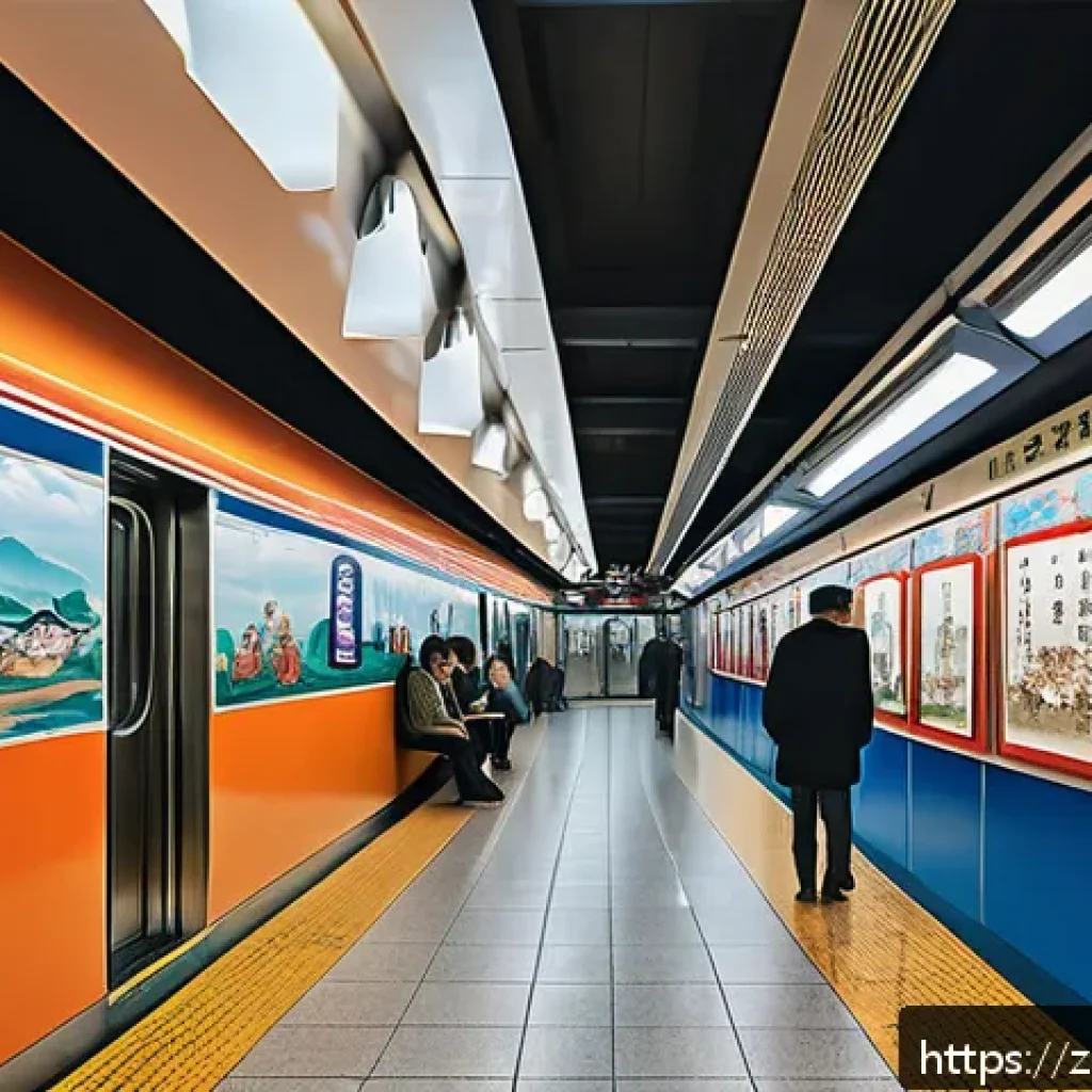 지하철 예술의 사회적 의미 - A vibrant urban subway station interior featuring large murals that depict scenes of traditional nei...