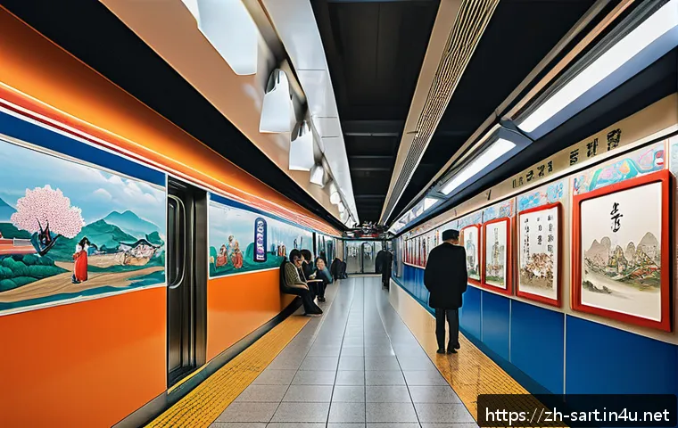 지하철 예술의 사회적 의미 - A vibrant urban subway station interior featuring large murals that depict scenes of traditional nei...