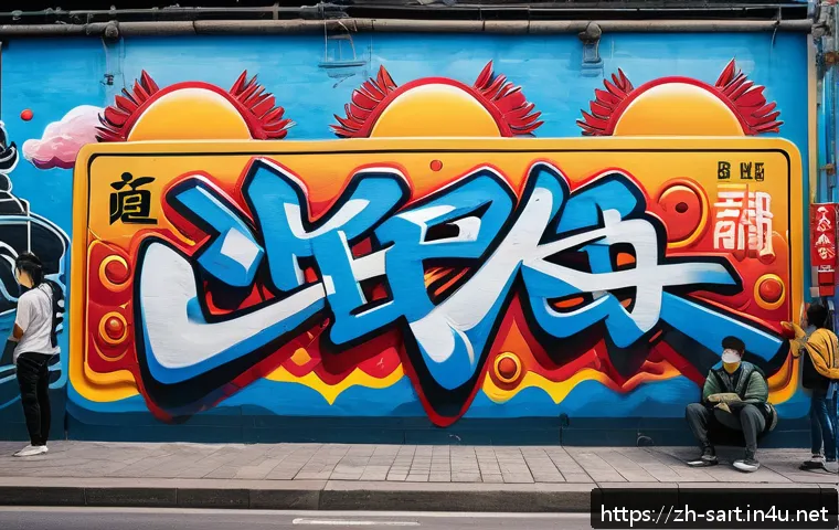 지하철 아트와 거리 예술 - A vibrant urban street scene showcasing a large, colorful graffiti mural on a city wall, blending tr...