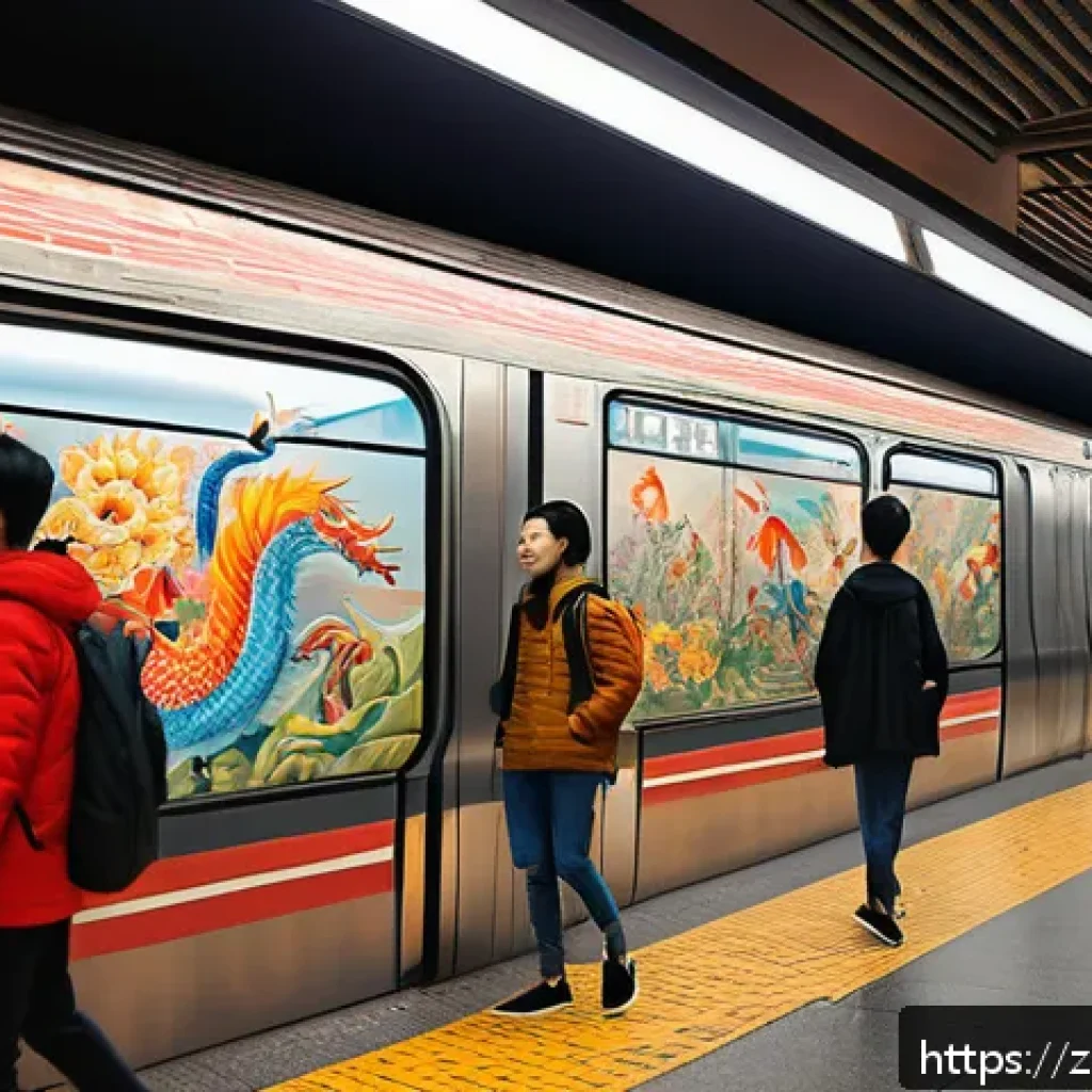 지하철 아트와 청소년 참여 - A vibrant subway station mural depicting a fusion of traditional and modern Chinese cultural element...