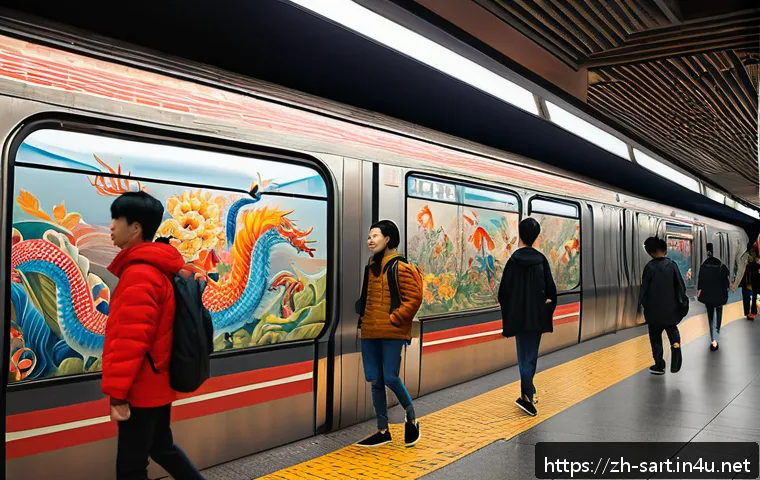 지하철 아트와 청소년 참여 - A vibrant subway station mural depicting a fusion of traditional and modern Chinese cultural element...