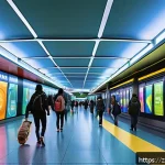 지하철 아트와 게임 디자인 - A vibrant subway station interior featuring dynamic geometric shapes and bold contrasting colors, wi...