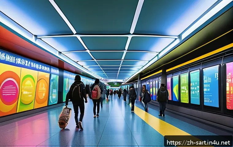 지하철 아트와 게임 디자인 - A vibrant subway station interior featuring dynamic geometric shapes and bold contrasting colors, wi...