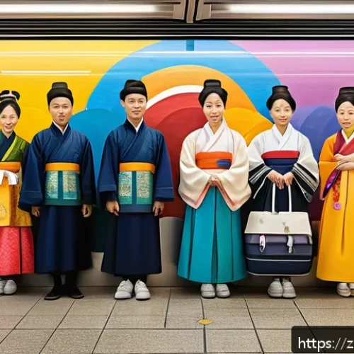 서울 지하철 벽화 - A vibrant Seoul subway station wall mural showcasing a dynamic blend of modern abstract art and trad...