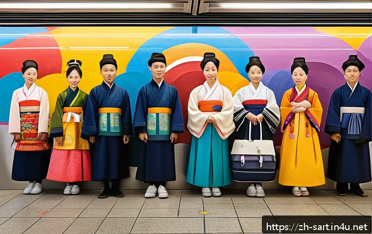 서울 지하철 벽화 - A vibrant Seoul subway station wall mural showcasing a dynamic blend of modern abstract art and trad...