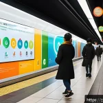 지하철 아트와 관람객 참여 - A vibrant interactive subway wall installation featuring colorful touch-sensitive panels that animat...