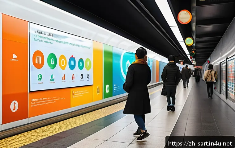 지하철 아트와 관람객 참여 - A vibrant interactive subway wall installation featuring colorful touch-sensitive panels that animat...