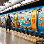 지하철 문화 예술 투어 - A vibrant subway station mural depicting the historical evolution of a Chinese city, blending tradit...