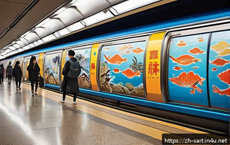 지하철 문화 예술 투어 - A vibrant subway station mural depicting the historical evolution of a Chinese city, blending tradit...