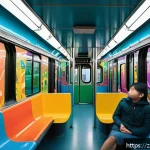 지하철 아트와 아이들의 반응 - A vibrant subway car interior designed as an immersive children&rsquo;s art space, featuring large colorfu...