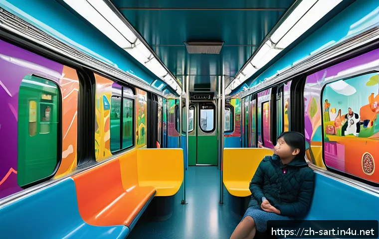 지하철 아트와 아이들의 반응 - A vibrant subway car interior designed as an immersive children&rsquo;s art space, featuring large colorfu...