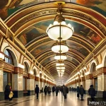 지하철 아트와 관광 명소 - A vibrant Moscow metro station interior, showcasing grand marble pillars, intricate Soviet-era mural...
