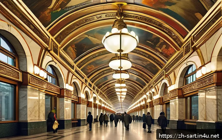 지하철 아트와 관광 명소 - A vibrant Moscow metro station interior, showcasing grand marble pillars, intricate Soviet-era mural...