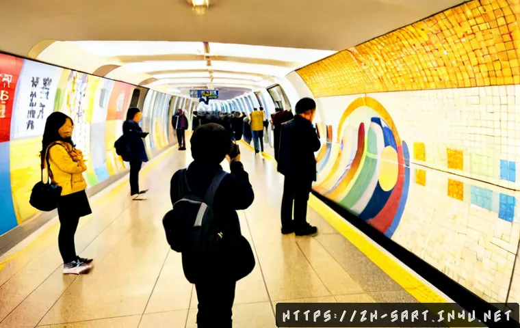 지하철 아트와 관광 산업 - Photorealistic modern subway station transformed into a cultural attraction, a spacious platform wit...