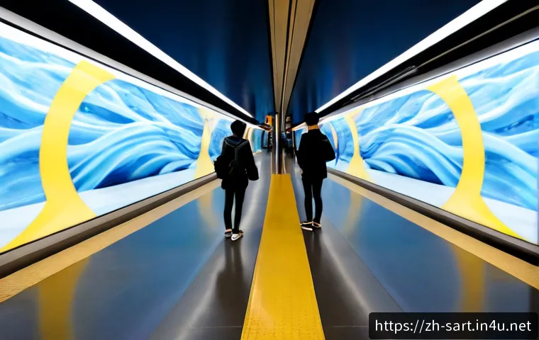 지하철 아트와 미디어 아트 - Photorealistic modern subway platform featuring a large immersive digital media-art wall with flowin...